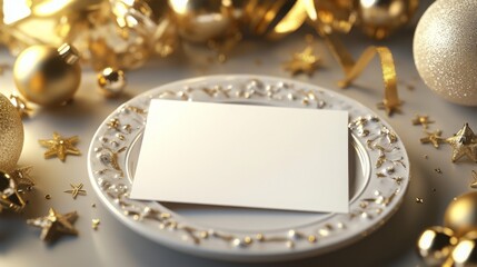 Poster - A beautifully arranged holiday table features a blank card on a fine plate. Surrounding the setting are golden ornaments, ribbons, and festive decorations, creating a warm celebratory atmosphere.