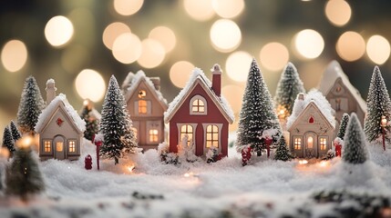 Aufkleber - Miniature christmas village houses covered in snow with illuminated windows at night