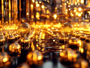 Poster - Abstract composition featuring golden spheres reflecting light in a shimmering environment, creating a mesmerizing visual with depth and intricate detail for artistic backgrounds.