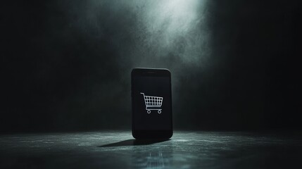 Poster - Mobile phone displaying shopping cart icon is placed on dark surface with dramatic lighting and smoky atmosphere, representing online shopping, e commerce, and mobile commerce trends