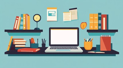 Poster - Modern workspace setup featuring laptop, books, and desk accessories