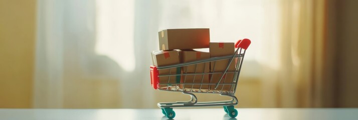 Poster - Small cardboard boxes filling a miniature shopping cart on a table symbolize the ease and convenience of online shopping and e commerce in modern consumerism