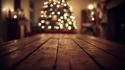 Poster - A rustic wooden table is set in a cozy living room, adorned with bokeh lights from a large Christmas tree. The warm atmosphere invites a festive gathering, perfect for sharing joy and laughter.