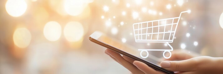 Poster - Hands holding mobile phone with a shopping cart icon emerging from the screen, representing online shopping, e commerce, and mobile payments in a blurred, sparkling background