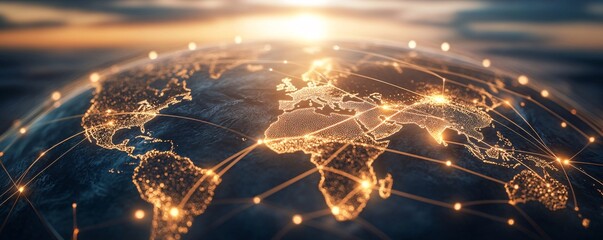Poster - Planet earth rotating showing global network connections at sunset