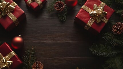 Wall Mural - A Christmas flat lay featuring golden decorations and red gift boxes on a dark wooden surface, with space for text.