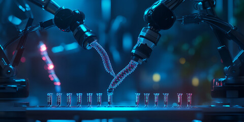 Poster - Futuristic Laboratory:  Two robotic arms, bathed in neon blue light, meticulously manipulate a transparent vial filled with a glowing red substance, symbolizing scientific advancement and innovation.