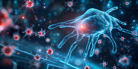 Poster - microscopic world: a detailed 3d rendering of a virus, its intricate structure illuminated in vibran