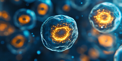 Poster - cellular energy: microscopic view of vibrant cells, glowing with inner light, representing the power