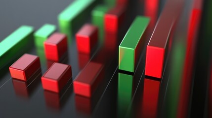 Poster - Colorful 3D Financial Graph Displaying Rising and Falling Trends with Green and Red Bars on Digital Surface, Symbolizing Market Fluctuations and Investment Analysis