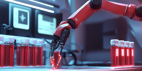 Poster - Robotic Arm Handling Test Tubes in Futuristic Lab 