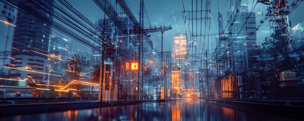 Aufkleber - Futuristic cyberpunk cityscape with glowing lights reflecting on wet street at night