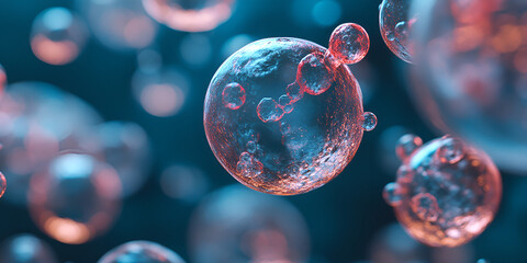 Poster - Abstract Bubbles in Motion: A mesmerizing abstract art photo featuring a cluster of iridescent bubbles floating in a deep blue space, with a soft, gentle glow emanating from within.