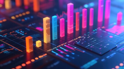 Poster - Colorful and Vibrant Data Visualization with 3D Bar Graphs and Digital Elements Representing Statistics and Analytics Trends in a Modern Setting