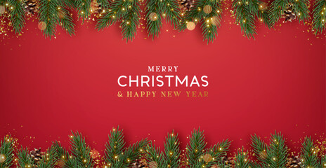 Wall Mural - christmas decoration border with fir branches and golden glitter confetti and sparkles of lights blu