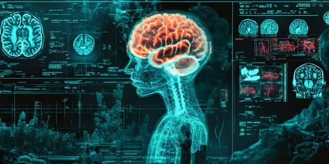 Poster - human brain scan: a futuristic and abstract digital illustration of a human head with a highlighted 