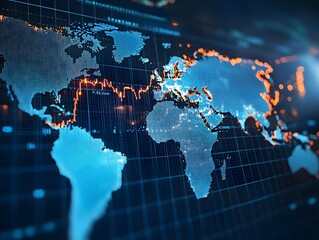 Aufkleber - Digital World Map with Glowing Connections and Data Visualization Representing Global Trade, Technology, and Network Interactions for Stock Photography Use