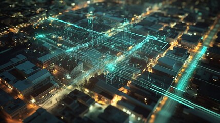 Poster - Futuristic smart city infrastructure connecting buildings with glowing lines at night