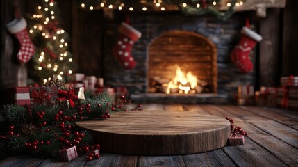 Aufkleber - A wooden tabletop sits in the foreground, with a garland of green pine branches and red berries in the left foreground.