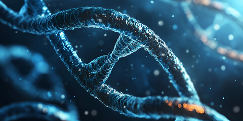 Poster - dna double helix: microscopic view of a dna strand, glowing with bioluminescent light against a dark