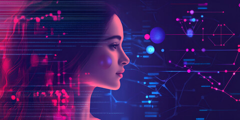 Poster - Digital Persona: A captivating portrait of a young woman, her features blended with vibrant, futuristic data streams, evoking themes of artificial intelligence, virtual reality.