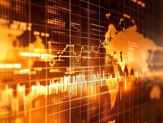 Poster - Abstract financial world map with vibrant orange tones, showcasing global trade patterns and data visualization with interconnected lines and graphs