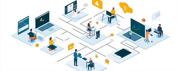 Poster - Software developers working remotely connecting through cloud computing network