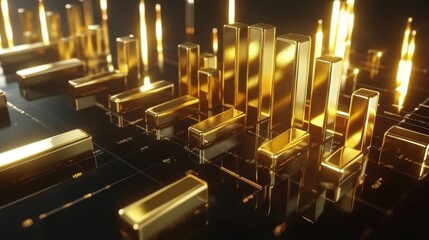 Poster - gleaming golden bar graphs representing financial data insights with illuminated background for busi