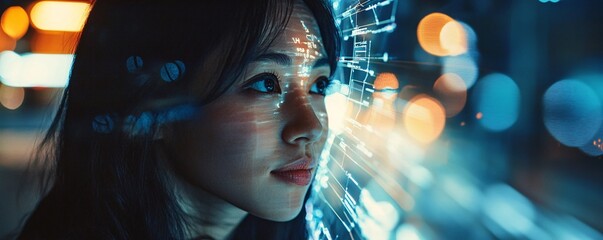Aufkleber - Businesswoman analyzing data stream in futuristic cityscape
