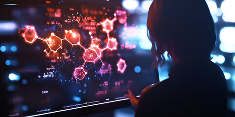 Poster - Decoding the Data: A woman intensely studies a complex, glowing molecular structure displayed on a futuristic screen, illuminated by vibrant neon lights.