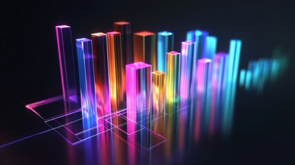 Poster - Abstract 3D Graph Visualization with Colorful Neon Bars Representing Data Analysis, Statistics Trends, and Technology on a Dark Background