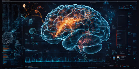 Poster - Human Brain: A captivating illustration of the human brain with vibrant neural pathways, highlighting its intricate structure and complex functions.  