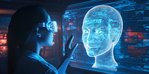 Poster - Virtual Reality Interaction: A woman in VR goggles interacts with a digital human, exploring the frontiers of technology and the future of human interaction.  