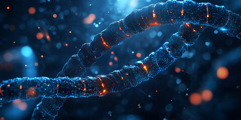 Poster - DNA Double Helix: A mesmerizing abstract representation of a DNA double helix with glowing orange strands against a dark blue backdrop, capturing the complex and intricate nature of genetic code. 