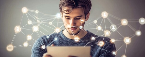 Aufkleber - Young man using tablet and connecting with global network