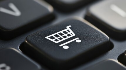 Poster - Close up of a black keyboard key featuring a white shopping cart icon, representing the ease and convenience of online shopping and e commerce