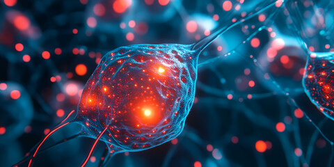 Poster - neural network firing: microscopic view of a neuron firing, showcasing intricate details and vibrant
