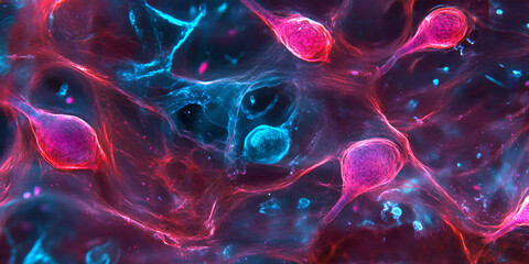 Poster - microscopic universe: a vibrant close-up of neuronal cells, showcasing intricate networks and glowin