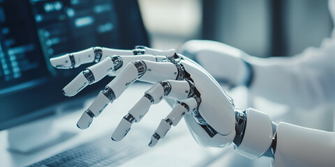 Poster - Robot Hand Typing on Computer: A close-up shot of a robotic hand typing on a computer keyboard, showcasing the future of technology and automation. The image evokes a sense of innovation, progress.