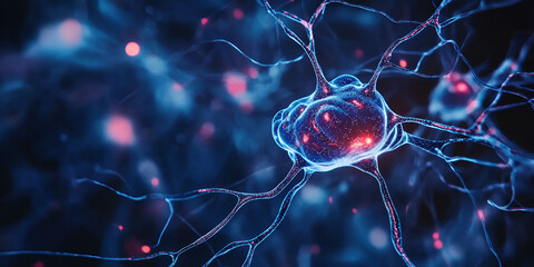 Poster - Neural Network: Microscopic view of a vibrant neuron, its intricate network glowing with bioluminescent energy.  A mesmerizing exploration of the human brain's complex structure. 