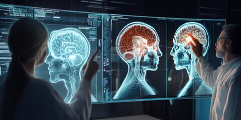 Poster - Medical Breakthrough: Two scientists, engrossed in their research, examine intricate brain scans on a futuristic digital display.