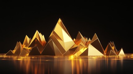 Poster - Stunning Golden Mountain Peaks Reflecting on a Black Surface, Showcasing Geometric Shapes and Shimmering Light for an Elegant Background
