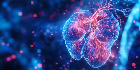 Poster - Luminous Lungs: A mesmerizing digital illustration of the human lungs, pulsating with vibrant hues and intricate detail, evoking a sense of wonder and the fragility of life.  