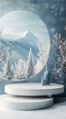 Leinwandbilder - Empty white podium showcasing snowy mountain landscape through circular window, perfect for winter product placement