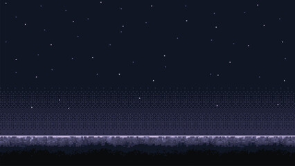 Aufkleber - pixel art space game level background, 8 bit retro style video game. Planet surface. Starry sky. Vector illustration