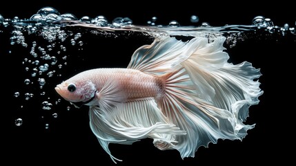 Poster - Elegant Betta Fish Swimming Gracefully in Bubbles Against Dark Background, Showcasing Flowing Fins and Delicate Features, Perfect for Aquatic Themes and Nature Art