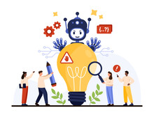 Risk of AI negative decision, ethics and law. Tiny people holding magnifying glass and pencil to analyze artificial intelligence idea, evil robot holding light bulb cartoon vector illustration