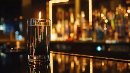 Poster - Modern Business Concept with a Candle Burning in a Glass Transformed into a Financial Chart Depicting Stock Market Trends in a Stylish Bar Environment