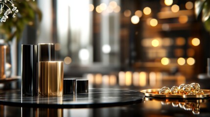 Poster - Elegant arrangement of metallic decorative elements on a black marble surface, showcasing beautiful light reflections and a contemporary aesthetic with a blurred background