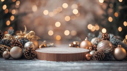 Poster - A round wooden platform sits on a snowy surface surrounded by pine cones, ornaments, and greenery. The background is blurred with out-of-focus Christmas lights.